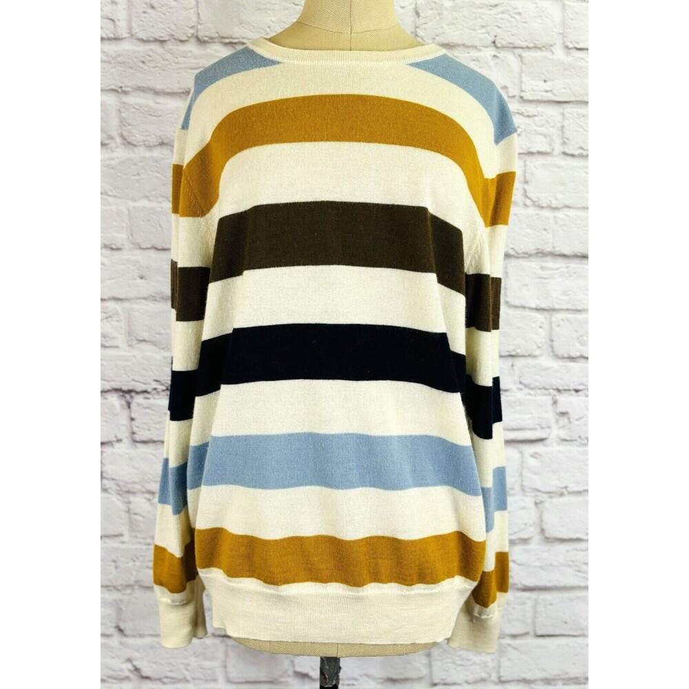 Club Room Men's Sweater Merino Wool Blend Crew Neck Striped Pullover‎ Cream XL